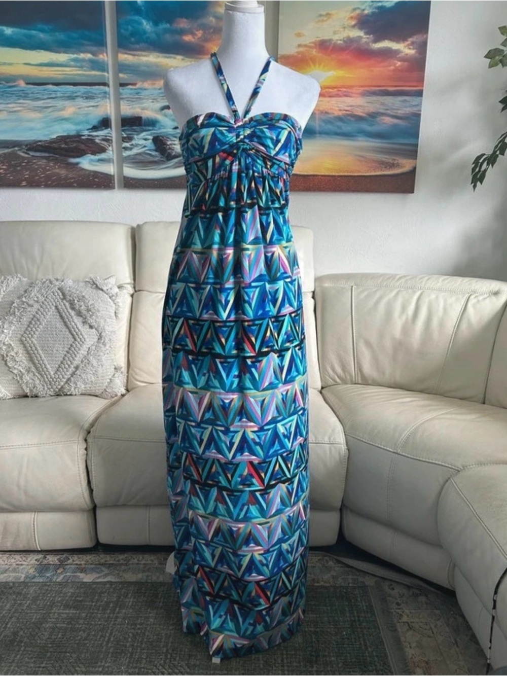 Nicole Miller Blue Teal Geometric Halter Maxi Dress